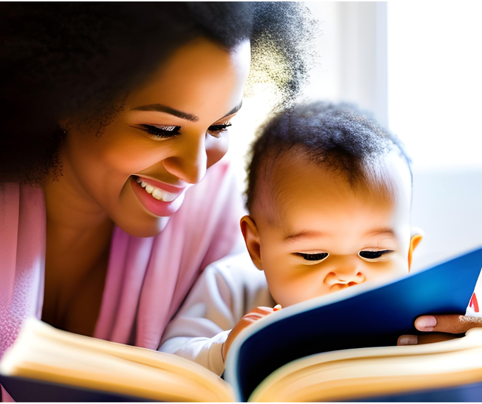 a parent reading a book to her toddler before bed