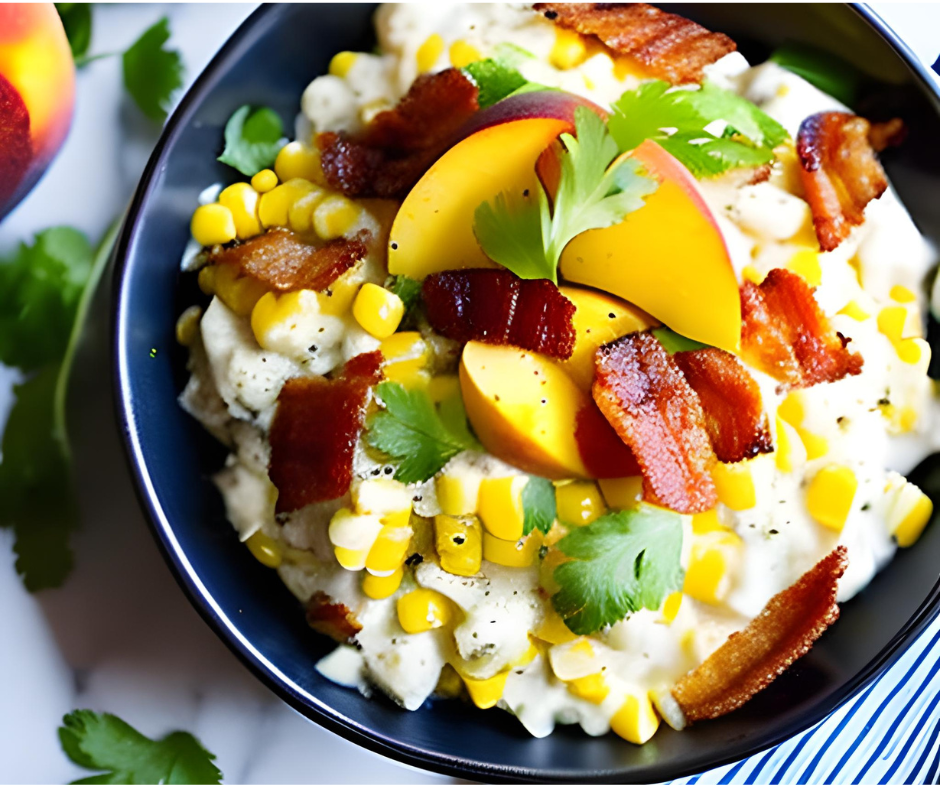 Fresh and Vibrant Peaches and Cream Corn Salad with cripsy bacon